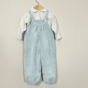 Pilar Nueno Sage Green Overalls & Shirt with Peter Pan Collar. Size 6 months